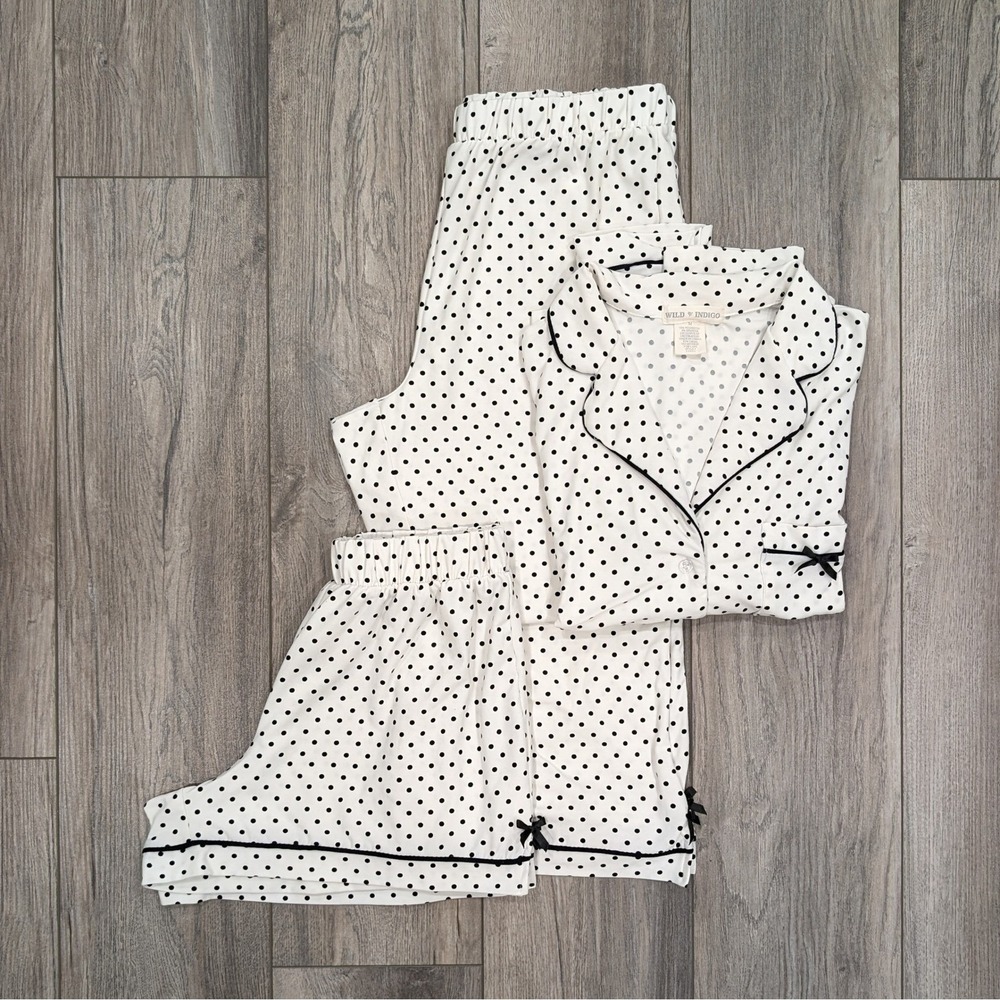 Wild Indigo Pajama Set M Polyester White Black Women Polka Dot Bows 3pc